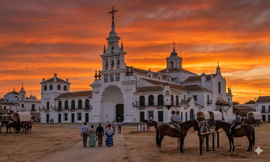Ermita del Rocío al atardecer con cielo anaranjado y ambiente tranquilo.