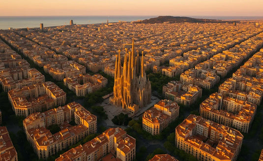Vista aérea al atardecer de la ciudad de Barcelona, destacando una gran catedral de estilo gótico en el centro, rodeada de edificios residenciales con tejados rojizos y calles arboladas; al fondo se aprecia el mar y una colina con vegetación.