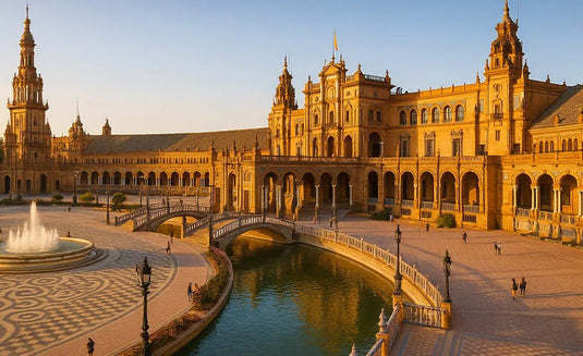 Vista panorámica de la Plaza de España en Sevilla, con su arquitectura semicircular, canales, puentes y detalles de azulejos típicos andaluces.