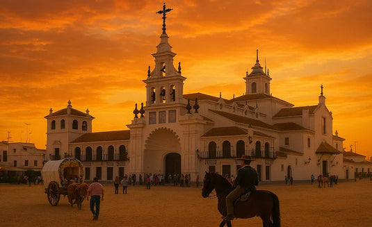 Ermita del Rocío al atardecer con cielo anaranjado y ambiente tranquilo.