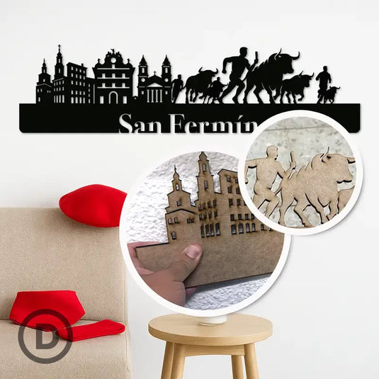 Detalle en primer plano del skyline de Sanfermines fabricado artesanalmente en madera DM