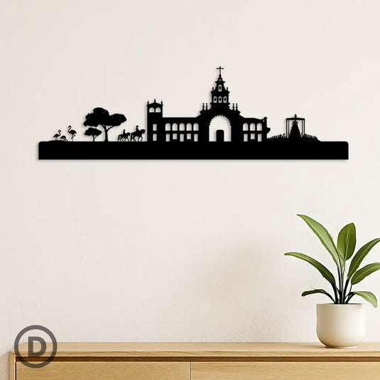 Una representación de la aldea del Rocío en Almonte, Huelva, donde se ve la ermita del Rocío con la virgen procesionando entre la multitud de peregrinos