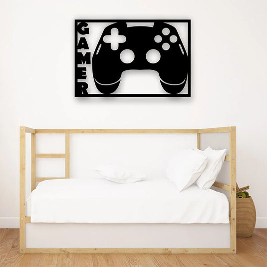 Cuadro gamer con mando de consola en aluminio negro recortado, decoración moderna para habitación juvenil o sala gaming