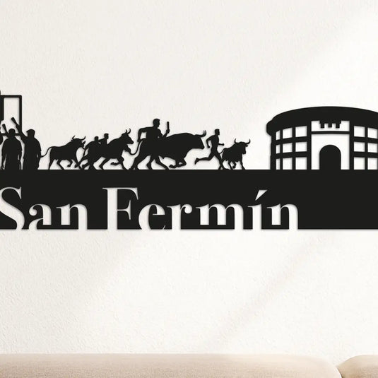 Detalle ampliado de una parte de la silueta de las fiestas de San Fermín, desde el chupinazo en la plaza del ayuntamiento, el canto de los corredores a la hornacina de San Fermín, el encierro hasta la plaza de toros y el "pobre de mi" final