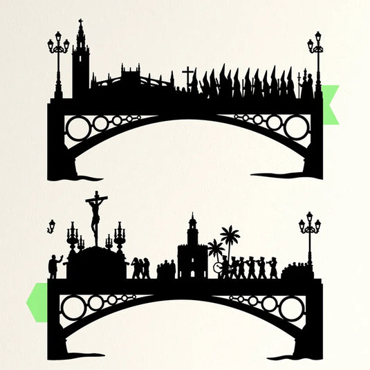 Detalle de la silueta en madera del Cristo del Cachorro sobre el Puente de Triana en Sevilla, con nazarenos y faroles, ideal para decoración de pared.