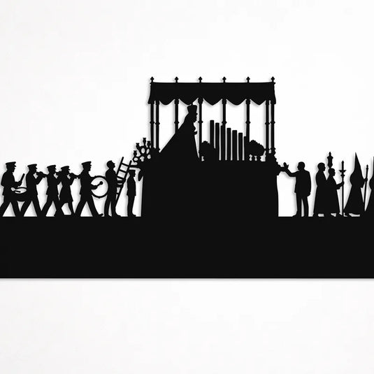 Detalle ampliado de silueta Esperanza Macarena en madera negra DM 5 mm, decoración cofrade para amantes de la Semana Santa de Sevilla.