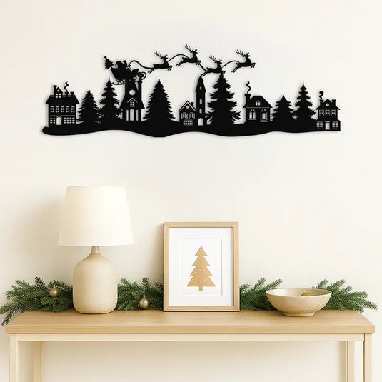Silueta Skyline Pueblo Navideño en DM negro 5 mm, decoración de pared minimalista