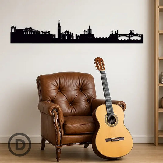Skyline de Sevilla en madera DM negra, decorando salón con sillón de cuero y guitarra española en estilo andaluz tradicional