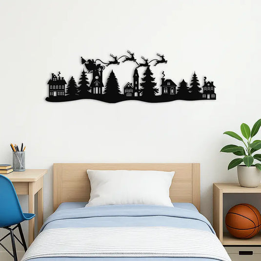 Skyline Trineo de Santa y renos en DM negro 5 mm, silueta navideña para pared