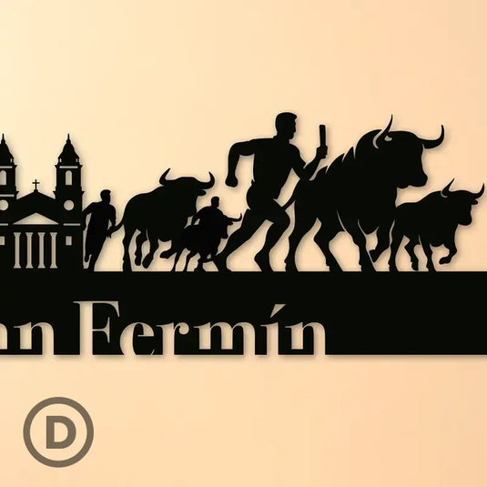 Detalle ampliado del skyline que representa el típico encierro durante San Fermín fabricado artesanalmente en madera DM pintada en negro.