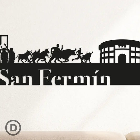 Detalle ampliado de una parte de la silueta de las fiestas de San Fermín, desde el chupinazo en la plaza del ayuntamiento, el canto de los corredores a la hornacina de San Fermín, el encierro hasta la plaza de toros y el "pobre de mi" final