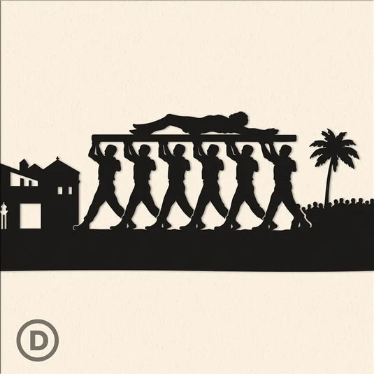 Detalle ampliado en silueta negra de los legionarios portando el Cristo de la Buena Muerte en la procesión de Semana Santa de Málaga.