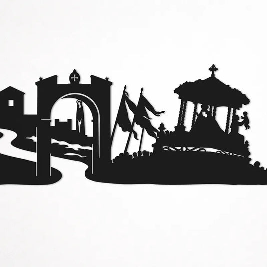 Detalle ampliado del skyline Virgen de la Cabeza en metal negro con corte láser de precisión, pieza decorativa para pared estilo romería andaluza.