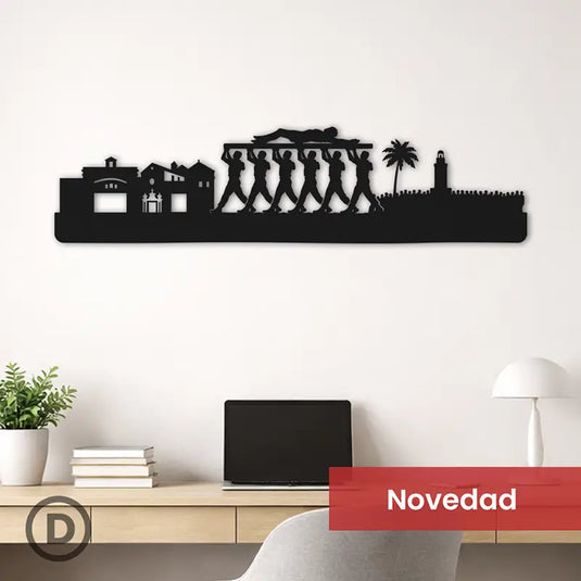 Skyline de Málaga en silueta negra con la procesión del Cristo de la Buena Muerte (Legionarios) en Semana Santa, decoración de pared.