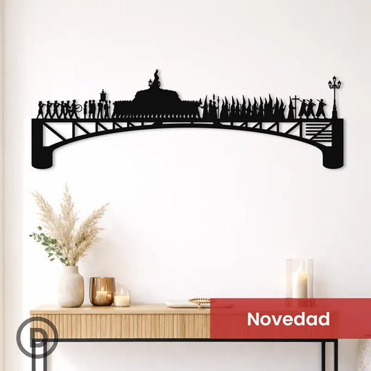 Mockup de decoración con skyline en silueta negra de la procesión de El Cautivo en Málaga, sobre un puente con nazarenos y trono, Semana Santa.